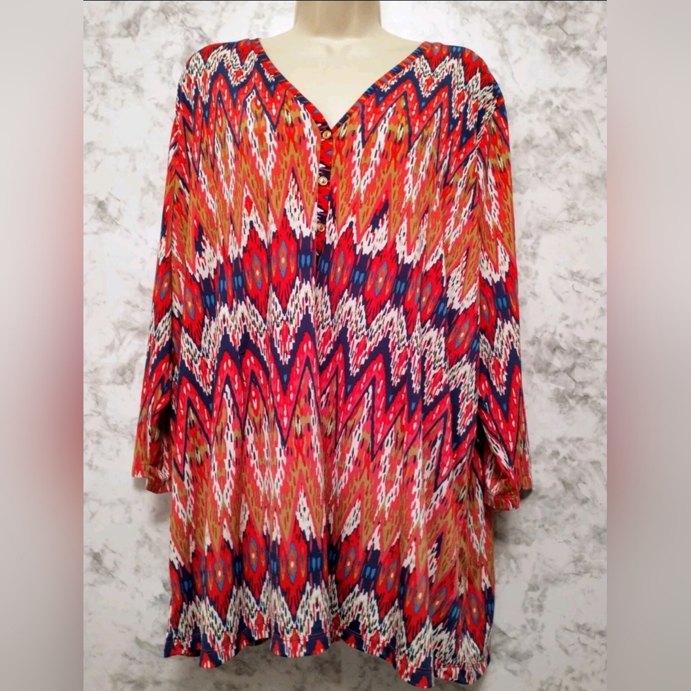 Jones New York Sport Women’s Red Diamond Multicolor Mid Sleeve Top Plus 3X
